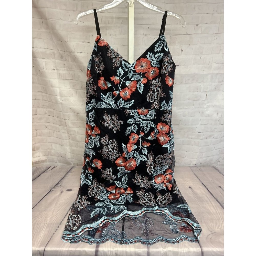 Guess Black Slip Dress with Red Floral Embroidery